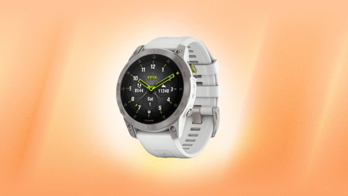 The Garmin Epix 2nd-generation GPS smartwatch is displayed against an orange background.