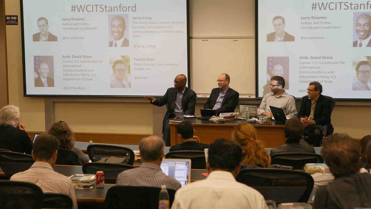 Stanford law school panelists warn of dangers of U.N. summit. From left: Larry Irving, David Gross, Patrick Ryan, Larry Downes