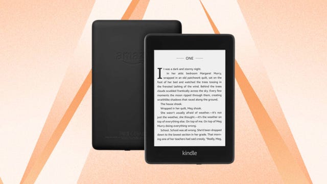 The 2018 Kindle Paperwhite is displayed against an orange background.