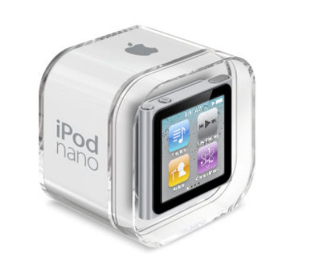 Apple's iPod nano in its retail packaging. What you see on the front right now is a sticker.