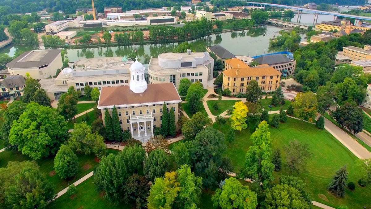 Aerial view of the beautiful college campus of Lawrence University in Appleton, Wisconsin.