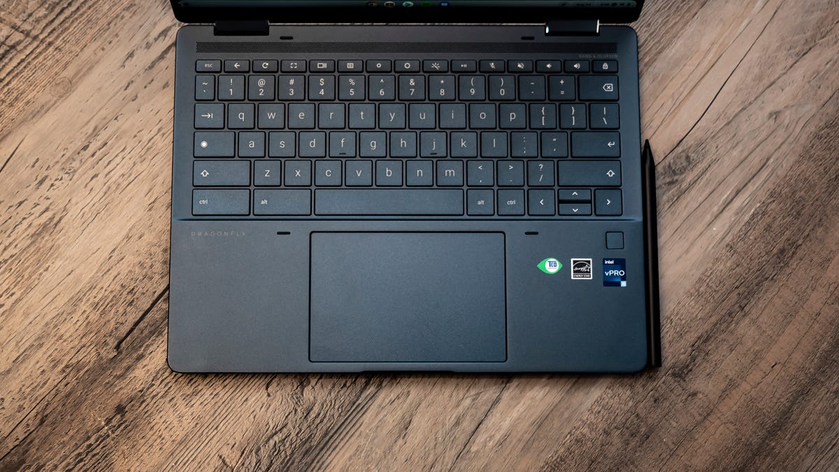 Downward-looking view of the HP Elite Dragonfly Chromebook's keyboard and touchpad.