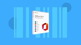 The Windows version of Microsoft Office 2019 is displayed against a blue background.