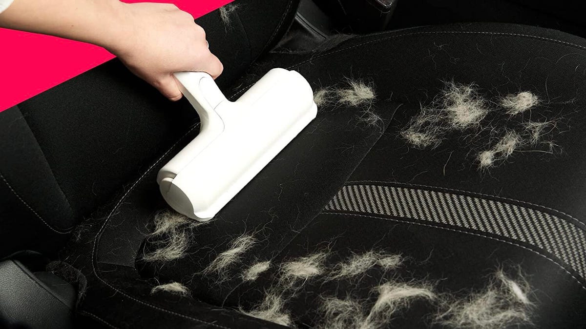 Using a ChomChom to remove pet hair from a black car seat.