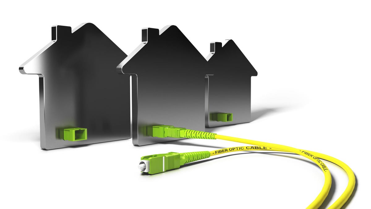 3D illustration of fiber optic cable going to cutouts of houses