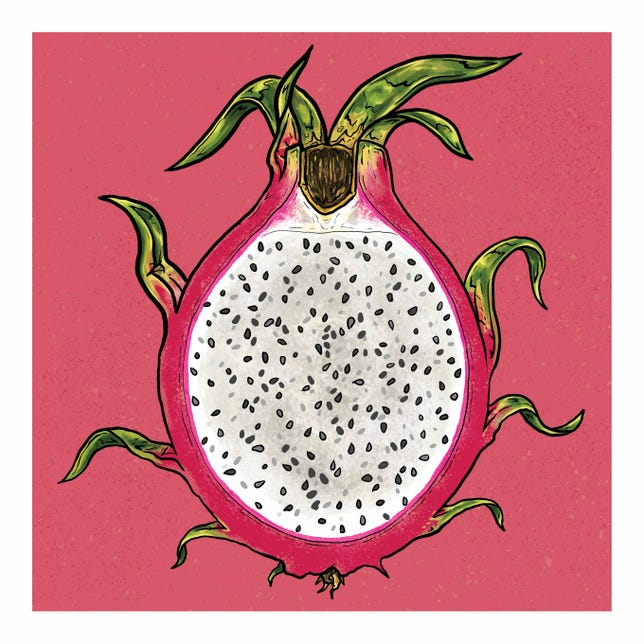 En illustration av en skiva av en drakefrukt mot en rosa bakgrund.