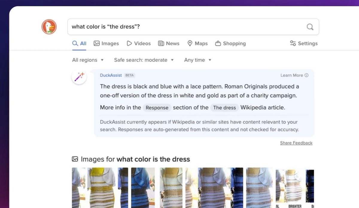 DuckAssist answering the question "What color is 'the dress?'"