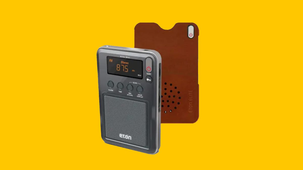 An Eton mini radio with a leather case against a plain white background.