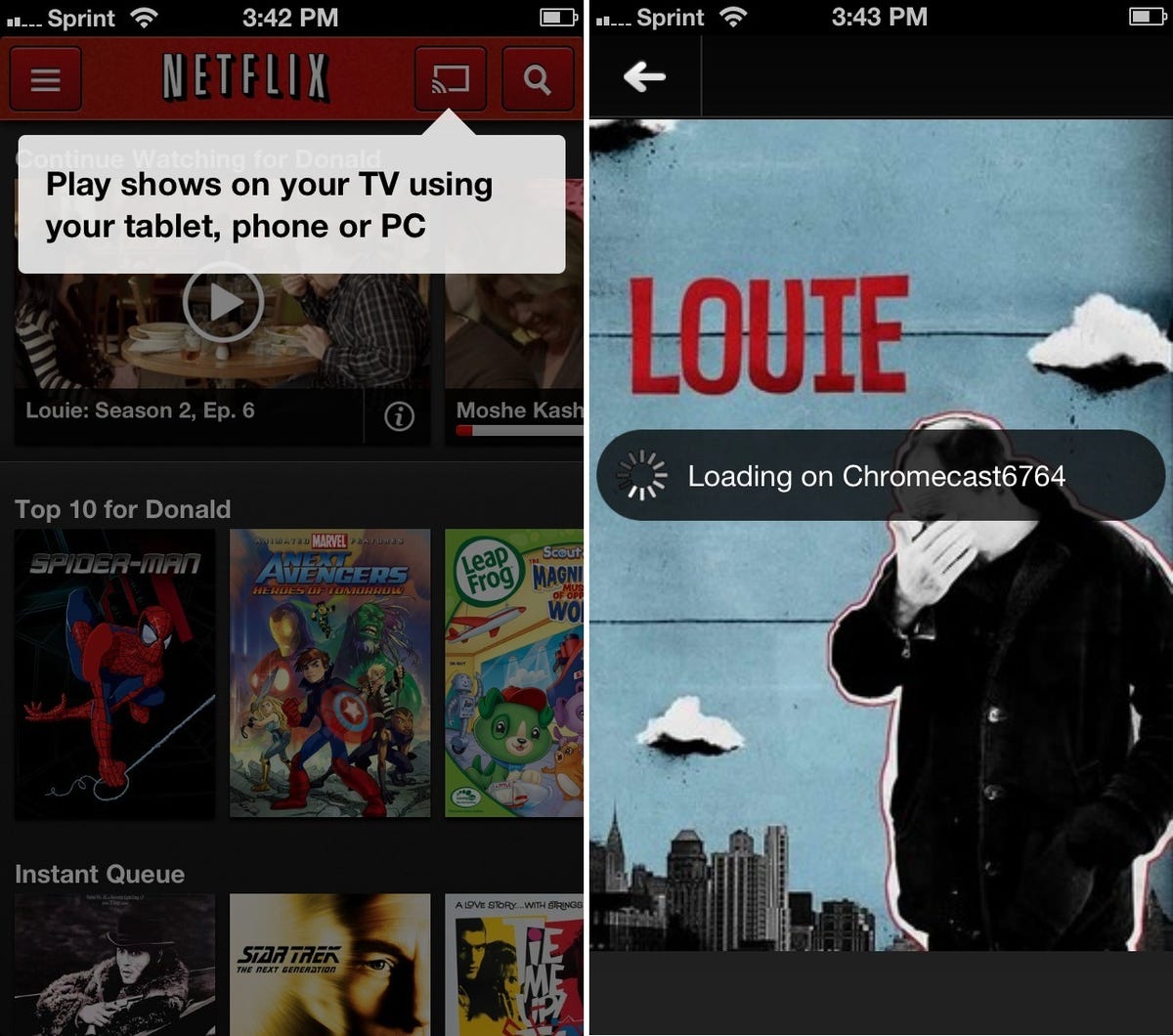 Netflix app using Chromecast.
