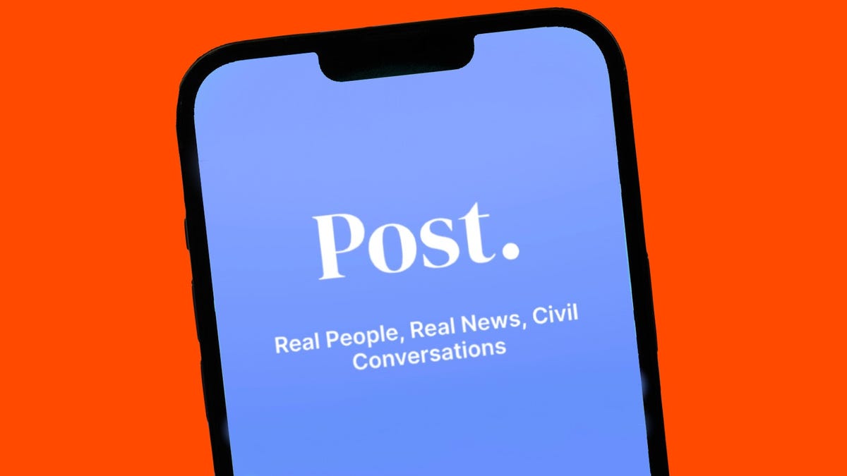 The Post News logo is in the center of an iPhone, with its tagline below reading "Real People, Real News, Civil Conversations"