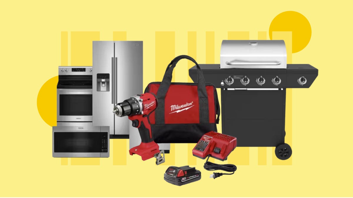Appliances, tools and a propane grill are displayed on a yellow background.