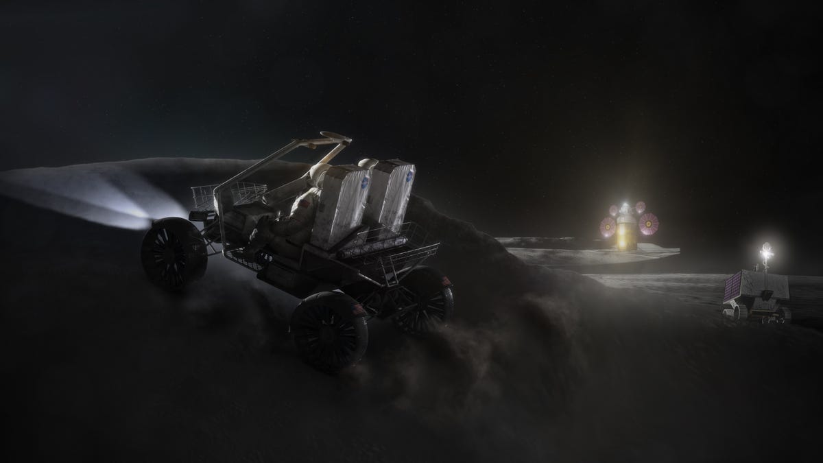 A foggy illustration shows a possible LTV design climbing up a hill. It has two seats, each covered with material that resembles foil and has a NASA logo. Far away, a potential moon rover is seen and even farther into the distance is a structure with rounded solar panels.