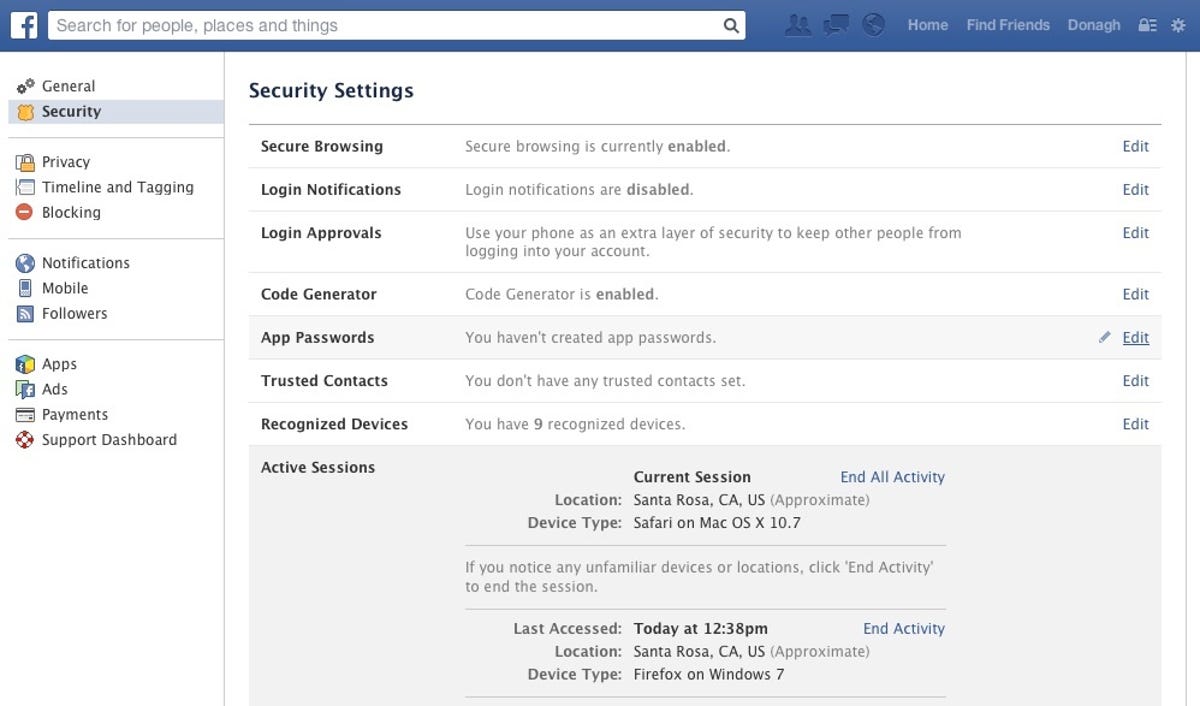 Facebook Security Settings options for ending active sessions
