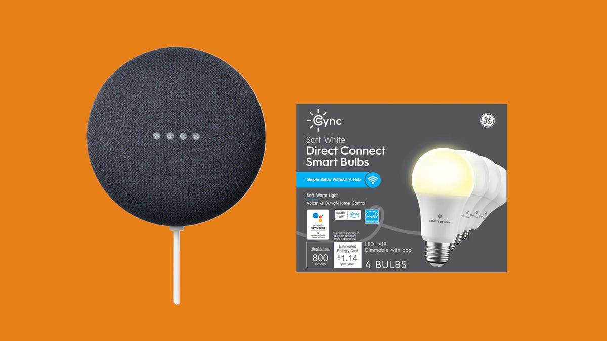 A gray Google Nest Mini smart speaker and a box of GE Cync smart bulbs against an orange background.
