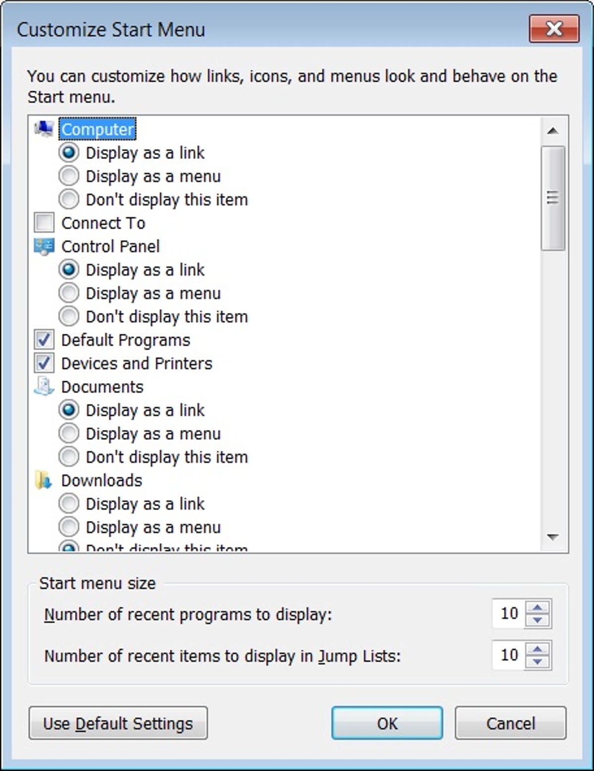 Windows 7 Customize Start Menu dialog box
