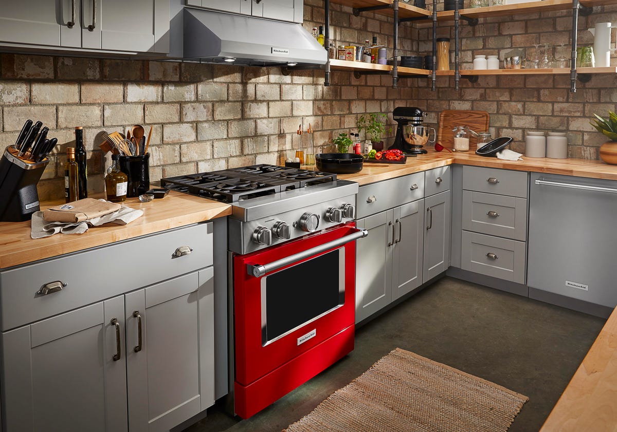 Red oven in kitchen