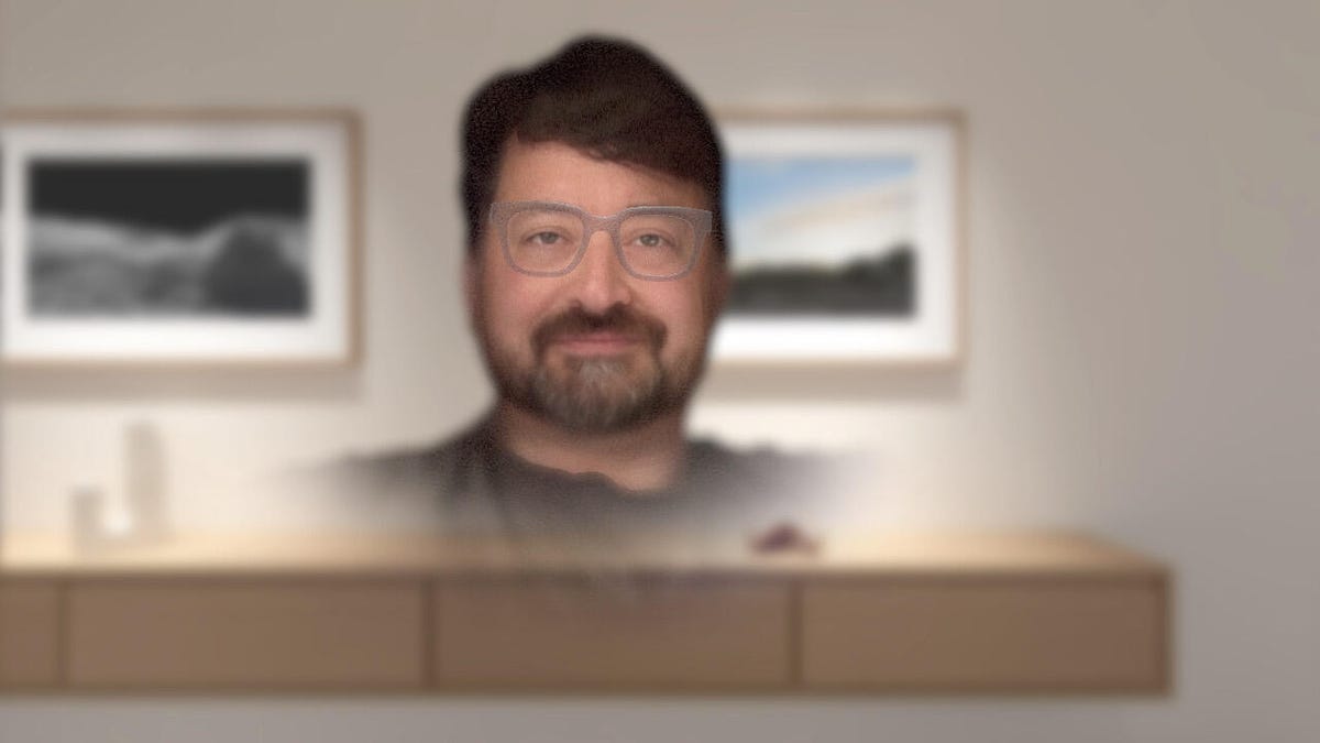 A smiling virtual Scott Stein floating head in Apple Vision OS