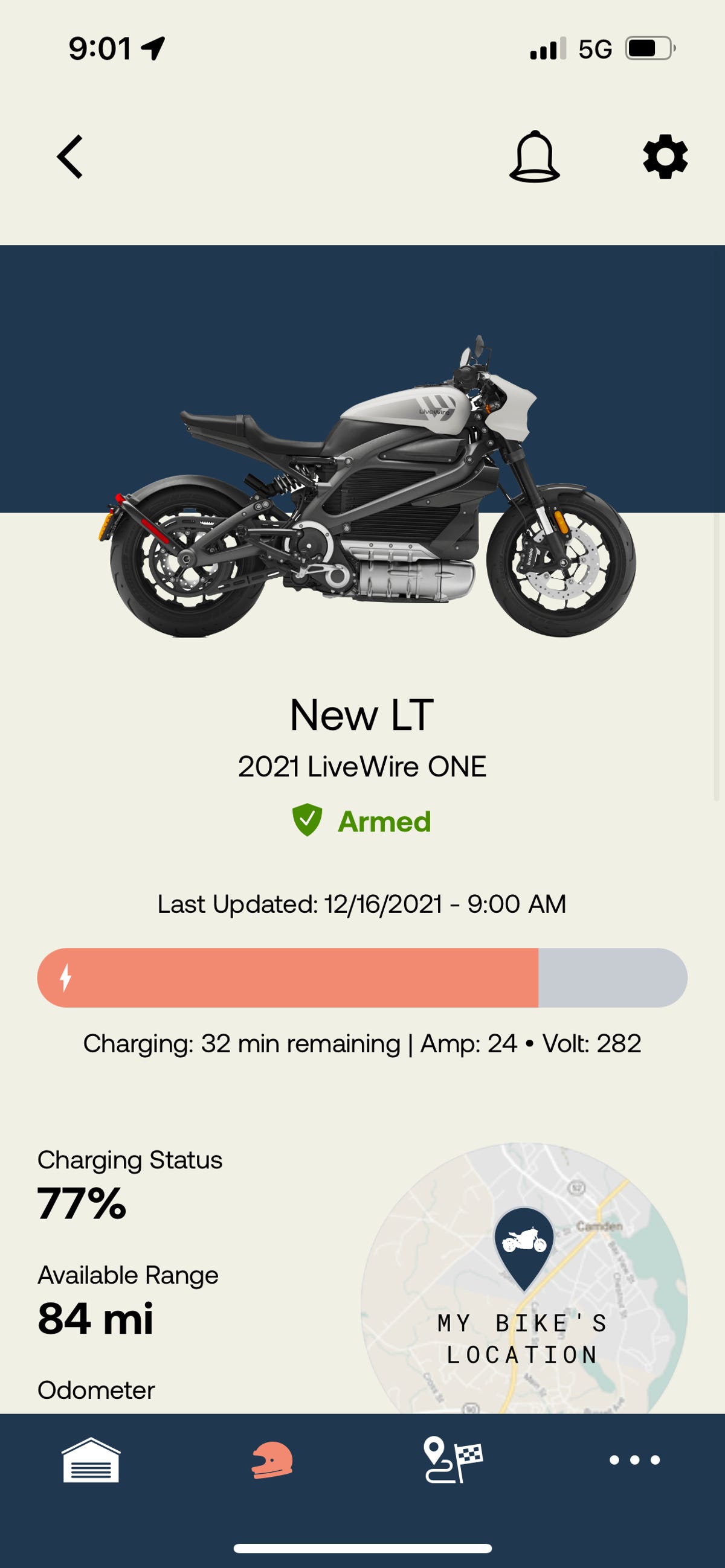 App showing the bike's location and charge status