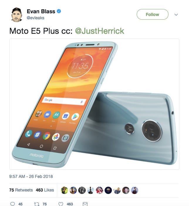 Lenovo Moto E5 Plus, Huawei P20 images leaked on Twitter
