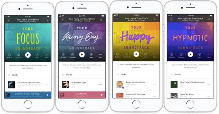 Four phones display Pandora personalized soundtracks.