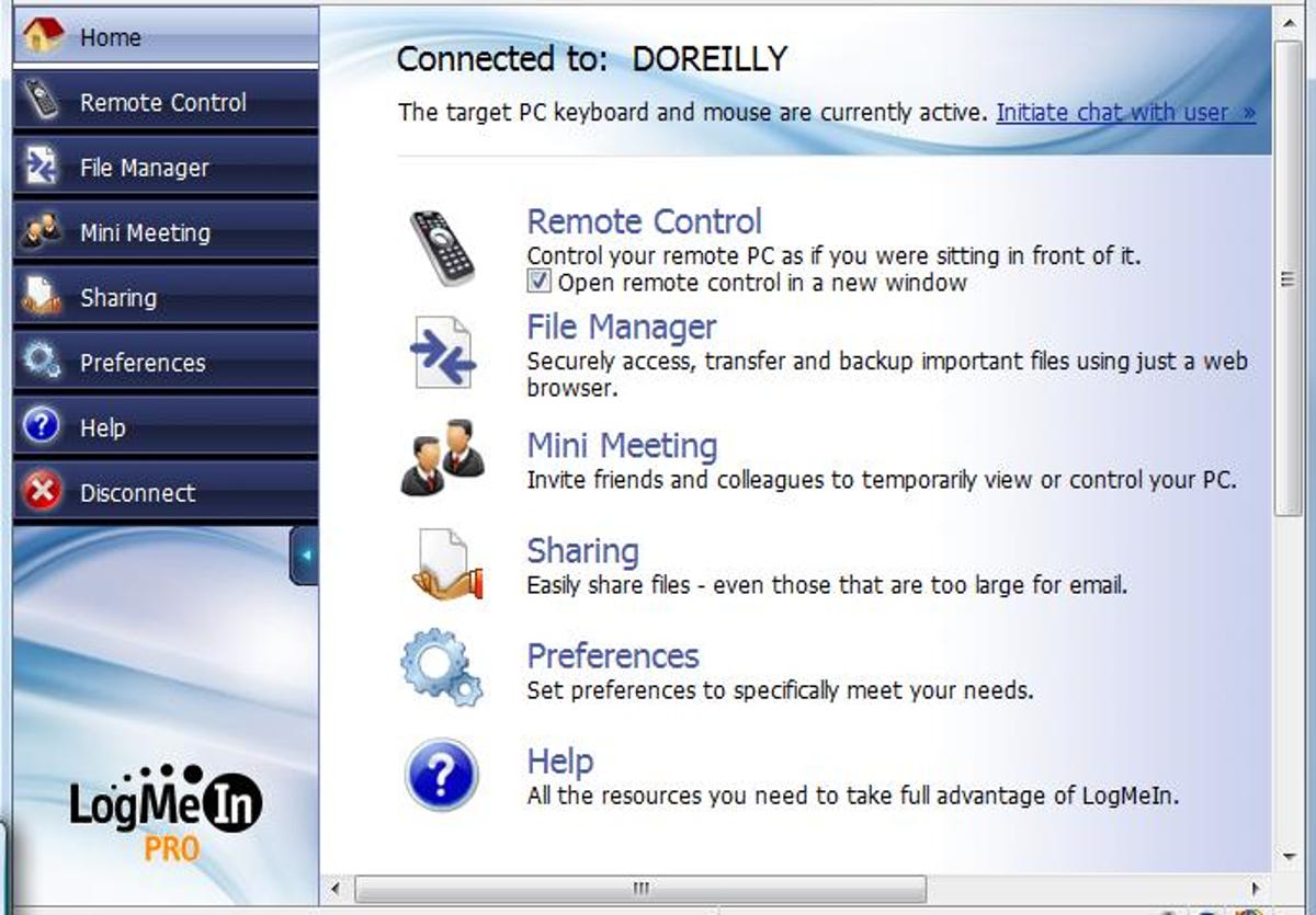 The LogMeIn remote-access control panel