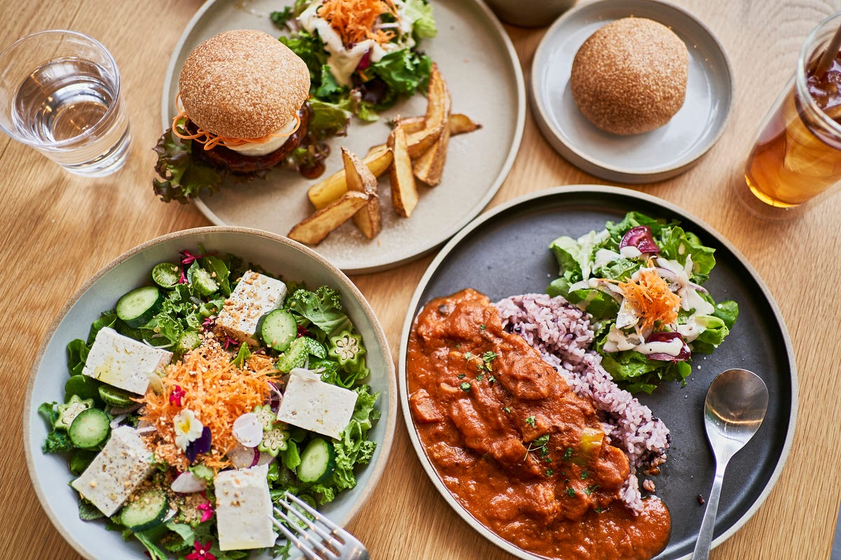 A spread of plant-based meals, including curry, burger and tofu salad.