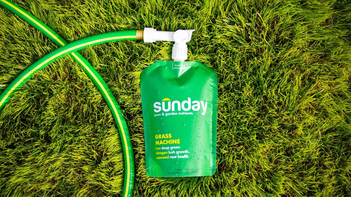 A green bottle of Sunday lawn nutrients hooked up to a garden hose on a bed of grass.