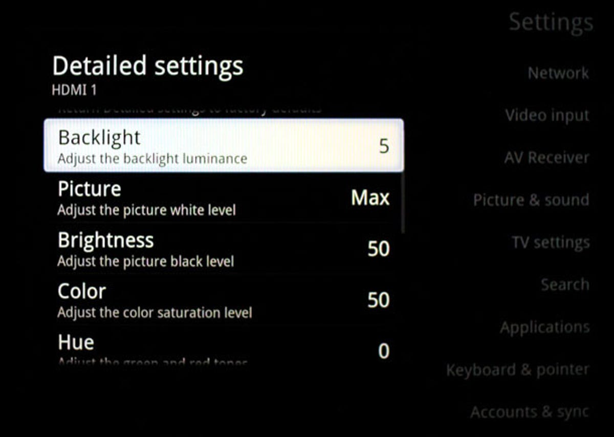 Another settings menu. Note here that contrast is called picture and tint is called hue.
