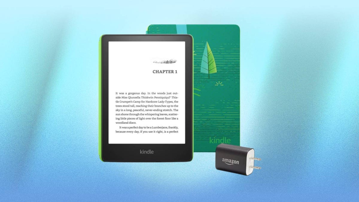 Kindle Paperwhite Kids Device bundle is displayed against a blue background.
