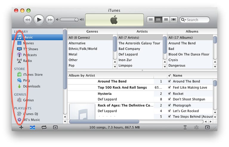 iTunes 10 with color icons in the sidebar