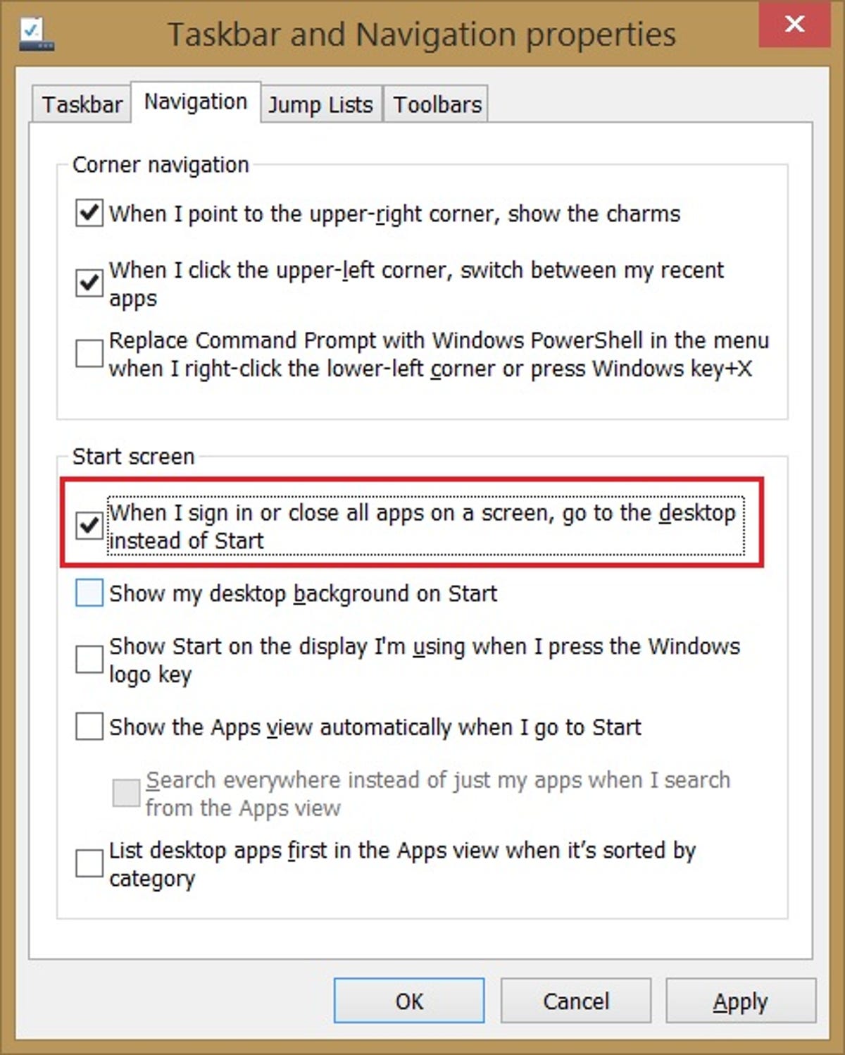 Windows 8.1 Taskbar and Navigation properties dialog