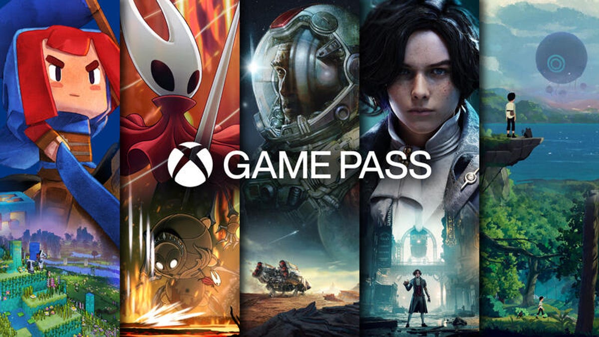 The Xbox Game Pass logo in front of characters from games like Starfield and Lies of P