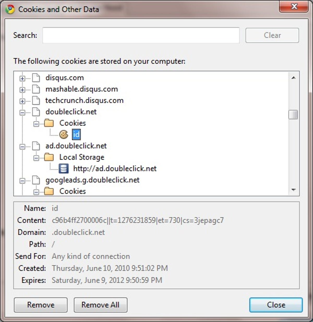 Google Chrome Cookies and Other Data dialog