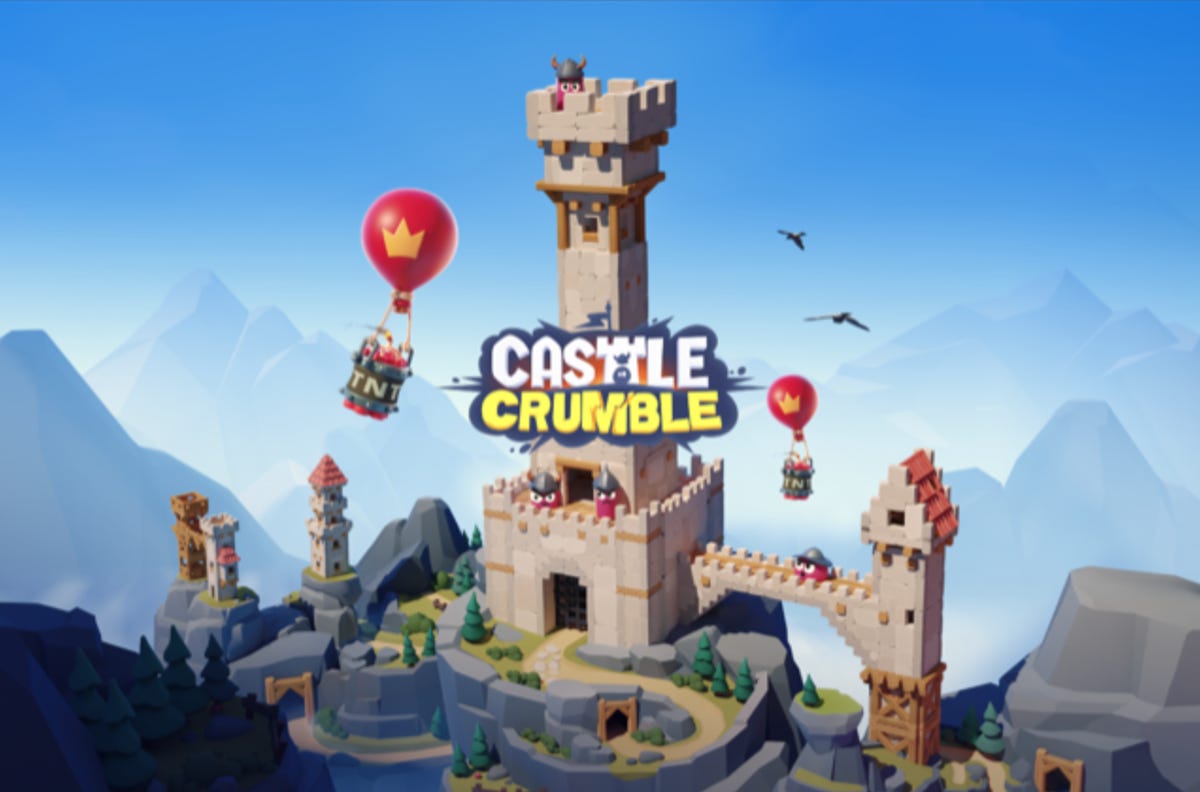 Castle Crumble title card showing a balloon carrying a barrel of TNT flying towards a castle