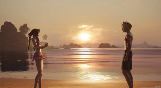 A man (Cloud) standing in beach attire talking to a similarly-dressed woman (Aerith) with a gorgeous sunset over the water in the background.