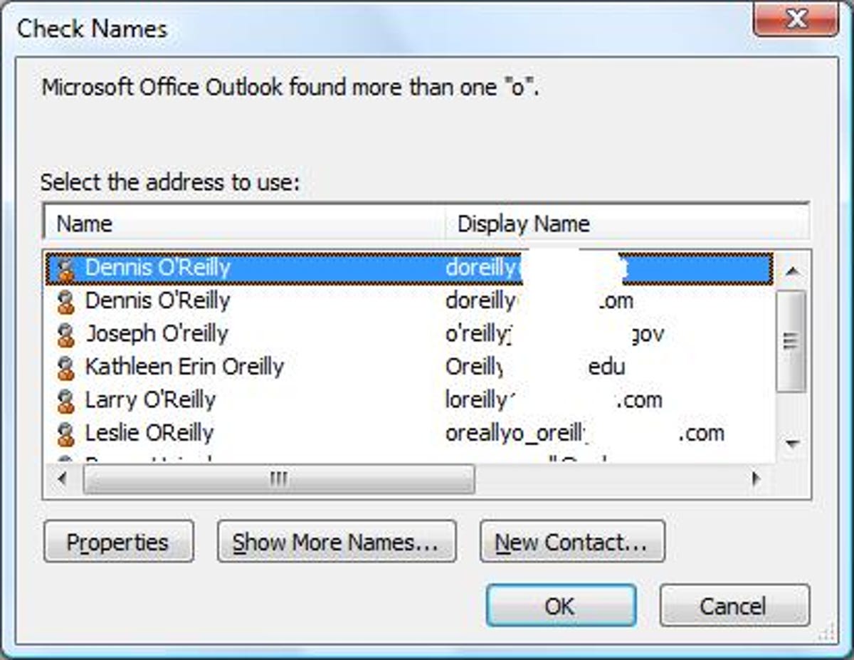 Microsoft Outlook 2007's Check Names dialog box