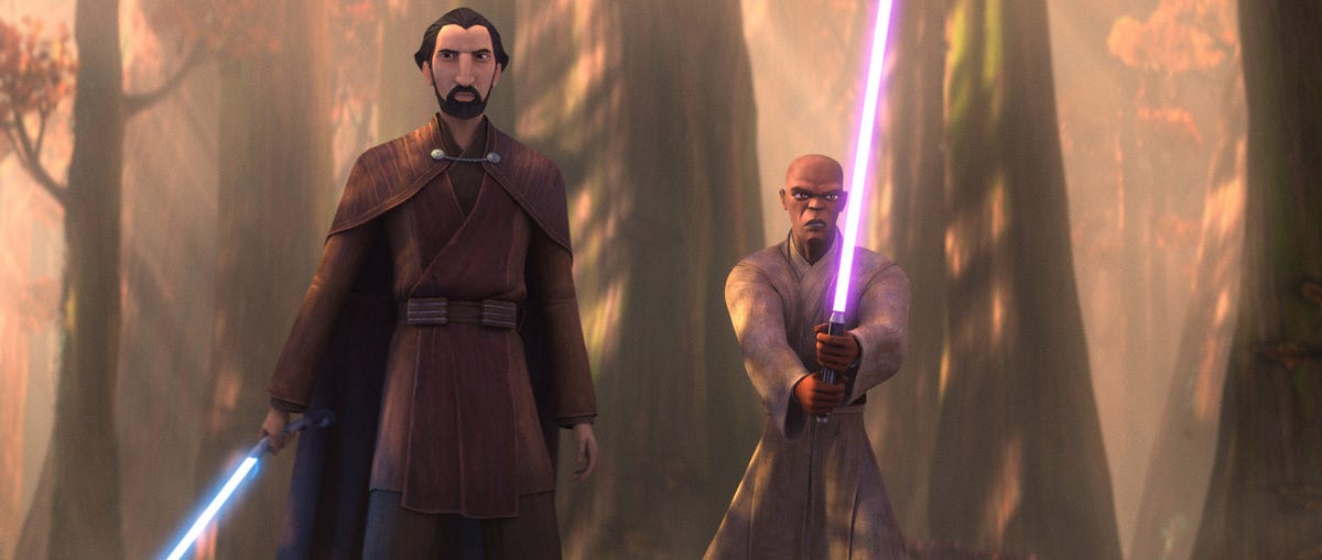 Masters Dooku and Mace Windu wield their blue and purple lightsabers in Star Wars: Tales of the Jedi