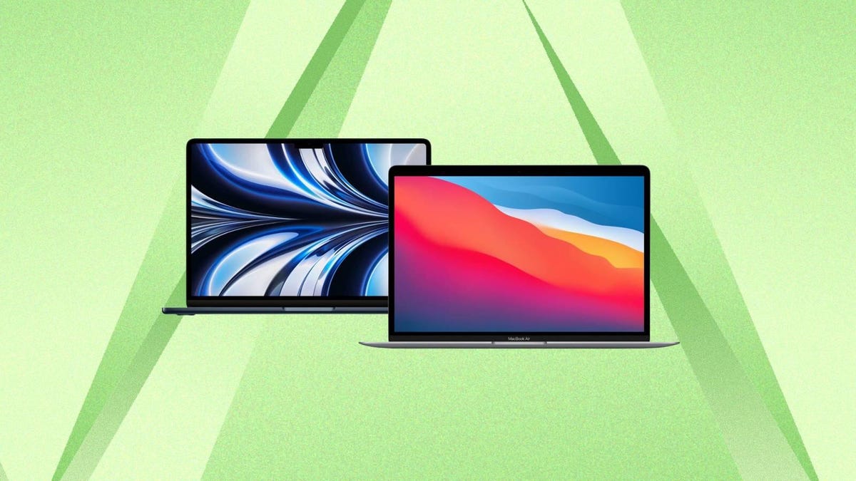 Two Apple MacBooks are displayed against a green background.