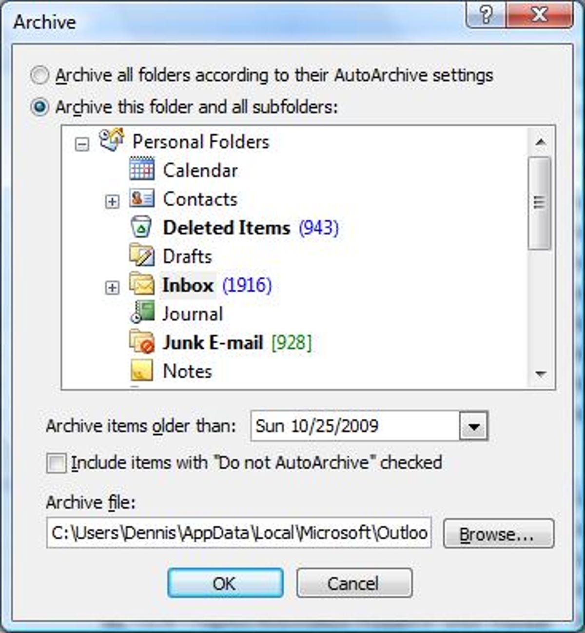 Microsoft Outlook 2007 Archive dialog