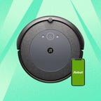 The iRobot Roomba i4 robot vacuum is displayed against a mint background.