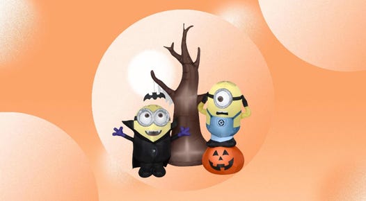 The Airblown Halloween Minions inflatable with tree and pumpkin is displayed against an orange background.