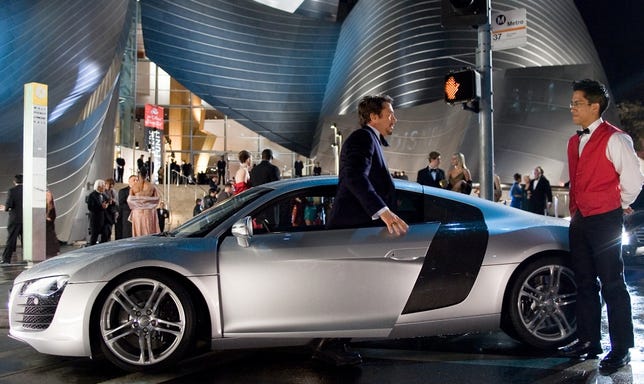 Still picture from Iron Man with Tony Stark and Audi R8.