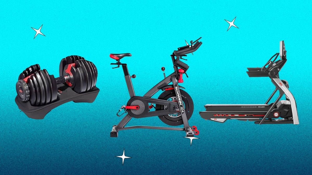 Bowflex and Schwinn fitness equipment are displayed against a teal background.