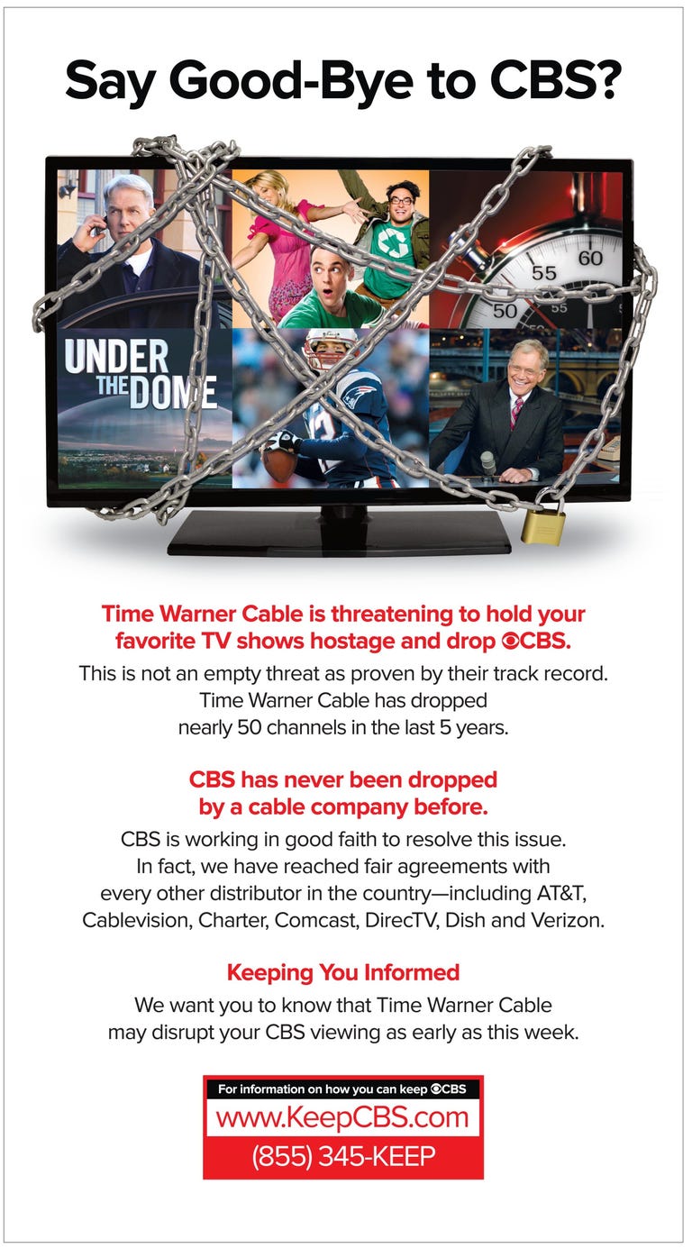 A CBS ad says its shows are held hostage by Time Warner Cable.