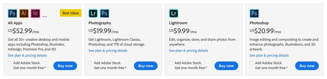 Adobe tested the removal of a $10 monthly plan from its website. It left in place alternatives with different combinations of cloud storage space and photography software.