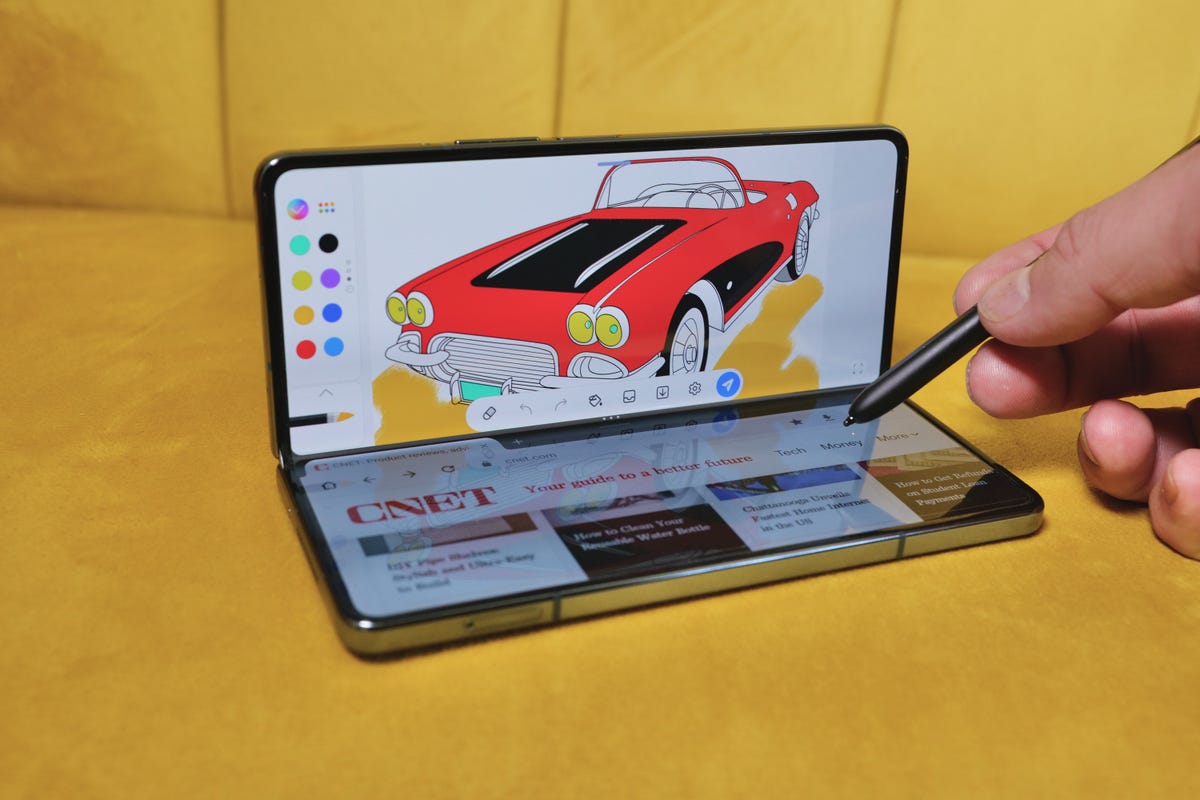 Someone using an S Pen to draw on a Galaxy Z Fold 4
