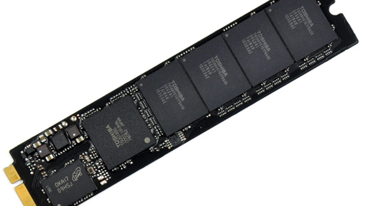 A solid-state drive with Toshiba NAND flash memory chips used in the MacBook Air.