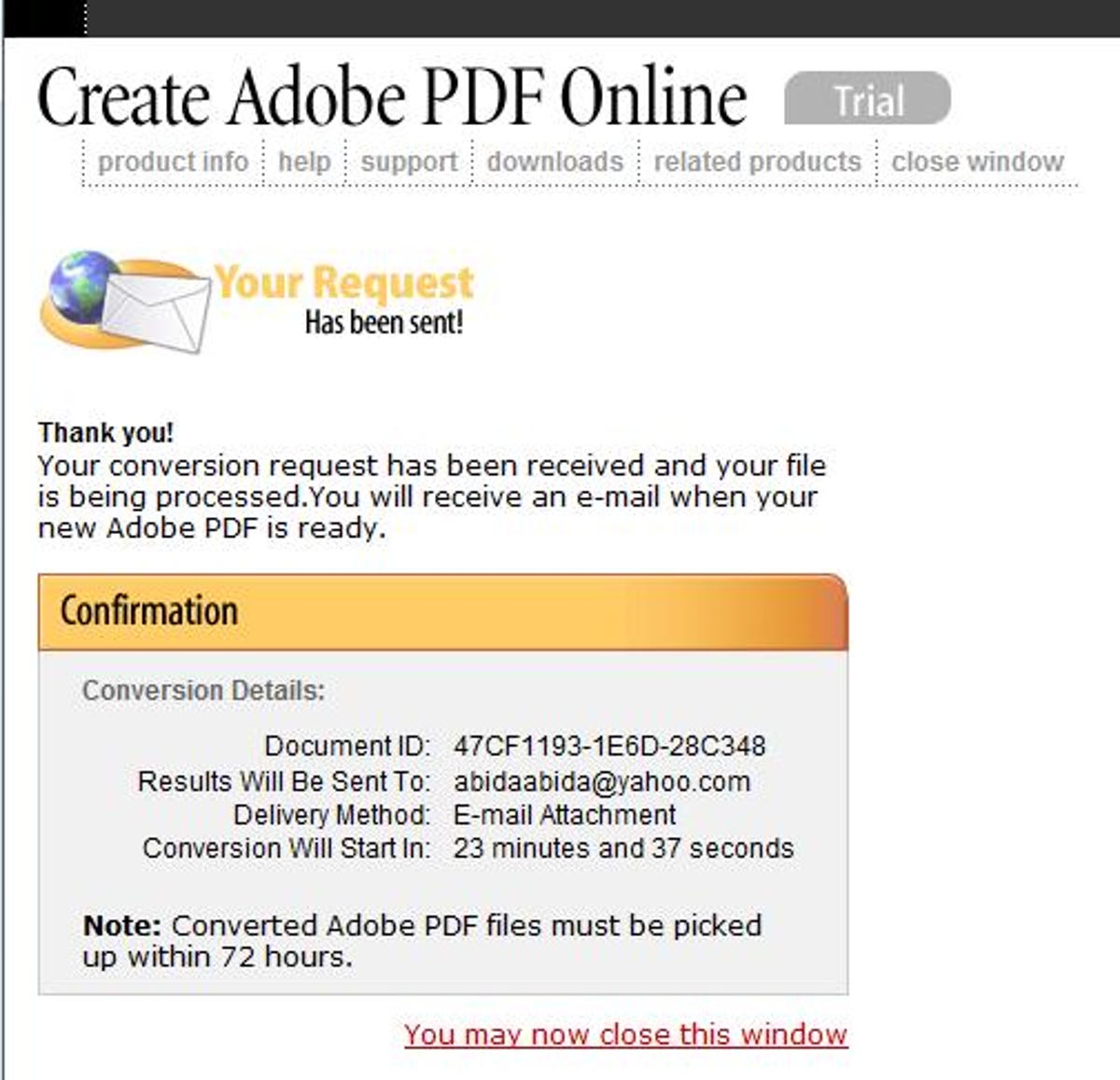 Create Adobe PDF Online confirmation screen