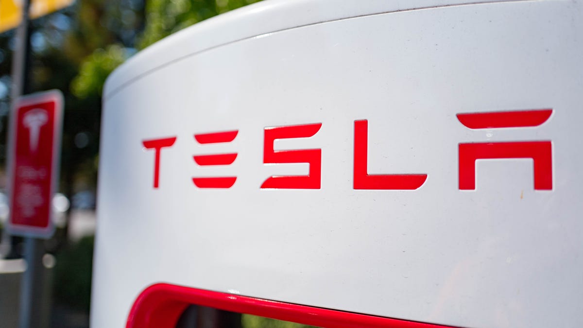 Tesla logo on a Supercharger
