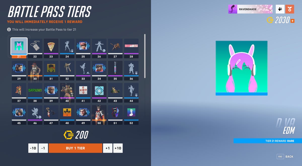 Screenshot of battle pass tiers with buy option